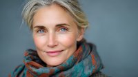 Mature woman with bright blue eyes and natural gray hair wearing colorful patterned scarf against neutral background. Portrays confidence and serenity.