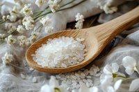 Sea salt crystals on wooden spoon with delicate white flowers on linen fabric background, natural spa and wellness composition for relaxation.