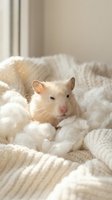 Adorable white hamster nestled in soft cream knitted blanket creating cozy domestic scene for pet care and comfort concepts.
