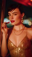 Young woman in gold sequin dress applying red lipstick, wearing pearl necklace and statement earrings against blurred city lights background.