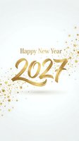 Happy New Year 2027 greeting card with gold metallic numerals and scattered stars on white background, suitable for holiday celebrations and seasonal marketing.