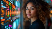 Young African American businesswoman with curly hair looking confidently at camera against blurred stock market display board showing financial data and trading charts.