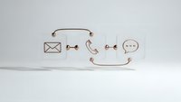 Copper wire communication icons showing email, phone and chat symbols connected by curved lines on white background for contact and customer service concepts.