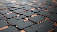 Metallic copper and dark gray geometric pattern with connected lines forming abstract technological surface, modern circuit board design background.