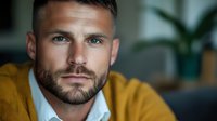 Confident Caucasian male professional in mustard yellow cardigan and white shirt looking directly at camera with intense gaze against blurred interior background.
