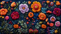 Vibrant folk art style floral composition with orange, purple and pink blooms against dark background, featuring decorative garden flowers and green foliage.