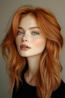 Young woman with flowing ginger hair and bright blue eyes wearing natural makeup and black top against neutral background, fashion portrait in soft lighting.