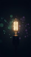 Vintage Edison bulb glowing with warm filament against dark background with colorful bokeh lights and magical sparkles for creative design projects.