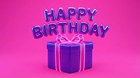 Happy Birthday balloon text with purple gift box and glowing pink ribbon on vibrant magenta background, festive celebration greeting card concept.