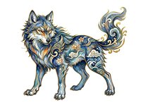 Ornate wolf with decorative baroque patterns in blue and gold tones, isolated on white background. Stylized animal artwork suitable for t-shirt design, clipart, and graphic projects.