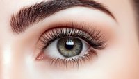 Close-up of green female eye with long eyelashes, perfectly shaped eyebrow and natural makeup showing beauty and cosmetic artistry details.