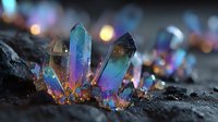 Iridescent crystal quartz formation with vibrant rainbow colors glowing against dark background, showcasing natural mineral beauty in mystical lighting.