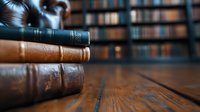 Vintage leather-bound books stacked on rustic wooden table with blurred library bookshelves in background creating scholarly atmosphere.