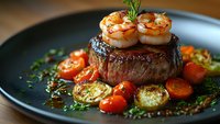 Grilled beef tenderloin topped with seared shrimp, served with roasted cherry tomatoes and zucchini on dark plate garnished with fresh herbs and sauce.