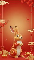 Chinese New Year rabbit with traditional ornaments and plum blossoms on red gradient background for lunar celebration greeting cards and festive designs.