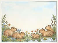 Adorable capybara family relaxing in peaceful wetland meadow with wildflowers and grass border frame for nature designs and greeting cards.