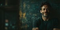 Middle-aged Caucasian man with beard in dark shirt against weathered wall background for authentic lifestyle and portrait photography projects.