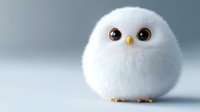 Adorable fluffy white baby owl with big amber eyes and round shape against soft gray background. Cute cartoon-style character for children's design and greeting cards.