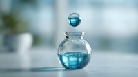 Spherical glass bottle with blue liquid and floating droplet against soft blurred background, creating ethereal laboratory atmosphere.
