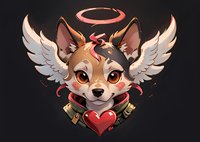 Cute angelic chihuahua character with white wings, red heart and golden halo on dark background. Fantasy pet illustration for stickers and merchandise design.