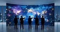 Business team silhouettes analyzing global network connections on large curved display screen in modern office with city skyline view at night.
