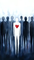 White silhouette with red heart standing out among dark figures in crowd, representing uniqueness, love and individuality against conformity background.
