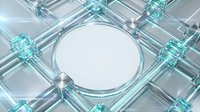 Futuristic glass grid structure with glowing teal accents and a circular mirror frame, creating a sleek tech-inspired abstract background.