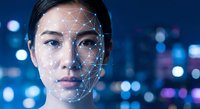 Asian businesswoman with facial recognition technology overlay against blurred city lights background for biometric security and AI identification systems.