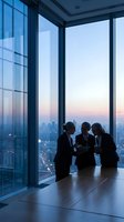 Silhouettes of three business professionals in dark suits reviewing documents together in a modern high-rise office with floor-to-ceiling windows overlooking a city skyline at dusk.