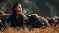 Young Asian woman in traditional clothing sitting peacefully with water buffalo in golden grassland during warm sunset light creating serene rural farming scene.