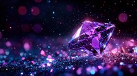 Glowing purple diamond on sparkly surface with bokeh lights and starry background creates magical atmosphere for luxury and jewelry designs.