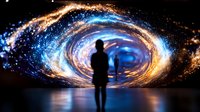 Silhouette of person standing before swirling cosmic portal, mystical blue and gold galaxy vortex reflecting on dark floor, science fiction concept art background.