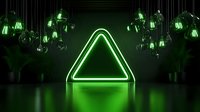 Glowing green neon triangle shape with vintage light bulbs hanging above on dark background creates futuristic nightclub atmosphere with reflective surface.