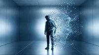 Male figure in dark business suit standing in modern minimalist interior space, body dissolving into blue digital particles and light fragments, representing transformation, data dispersion, technology integration, and virtual dissolution effects.