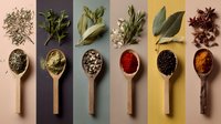 Aromatic herbs and spices collection with wooden spoons displaying colorful seasonings below corresponding fresh ingredients on multicolored background.