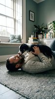 Man in cozy sweater playing with black and white dog on living room floor. Warm natural light from window creates peaceful domestic scene.