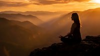 Woman meditating in lotus pose on mountain peak during golden sunset with layered hills and warm atmospheric light creating peaceful spiritual moment.