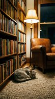 Cozy home library with a sleeping gray cat on a rug, glowing floor lamp, leather armchair, and wooden bookshelves filled with books.