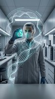Male scientist in lab coat examining DNA sample with holographic double helix structure in modern laboratory for genetic research and biotechnology applications.
