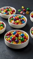 Colorful jelly beans in white ceramic bowls on dark slate surface for candy shop displays and sweet treat marketing materials.