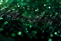 Green glowing circuit board with electronic components in macro view showing detailed technology patterns and bokeh light effects for tech backgrounds.
