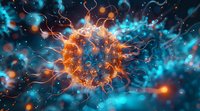 Microscopic virus cell with orange spikes floating in blue plasma, scientific medical visualization perfect for healthcare and medical research presentations.
