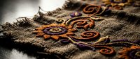 Vintage embroidered textile with intricate spiral patterns in warm colors on weathered fabric, showcasing traditional needlework and artisan craftsmanship.