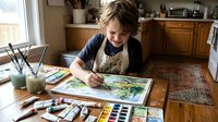Young boy artist painting watercolor landscape at kitchen table with art supplies and brushes creating colorful artwork in cozy home setting.