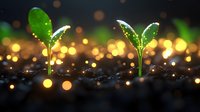 Young green sprouts growing from soil against golden bokeh lights background, symbolizing growth, new beginnings and environmental sustainability.