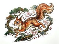 Illustrated squirrel with flowing tail leaping among stylized trees and flowering branches, isolated on white background for design projects, apparel, and decorative applications.
