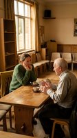 Senior couple enjoying tea conversation in cozy community center cafe with warm natural lighting and wooden furniture for social connection concepts.