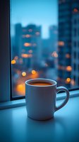 White coffee mug on windowsill against blurred city lights background in evening blue hour creates cozy atmospheric mood for lifestyle and urban living concepts.