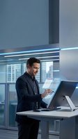 Professional businessman using interactive touchscreen display in modern office environment with city view and LED lighting for corporate presentations.