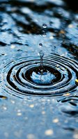 Water drop creating concentric ripples on blue water surface with floating bokeh lights, captured in macro photography showing liquid dynamics and splash crown.